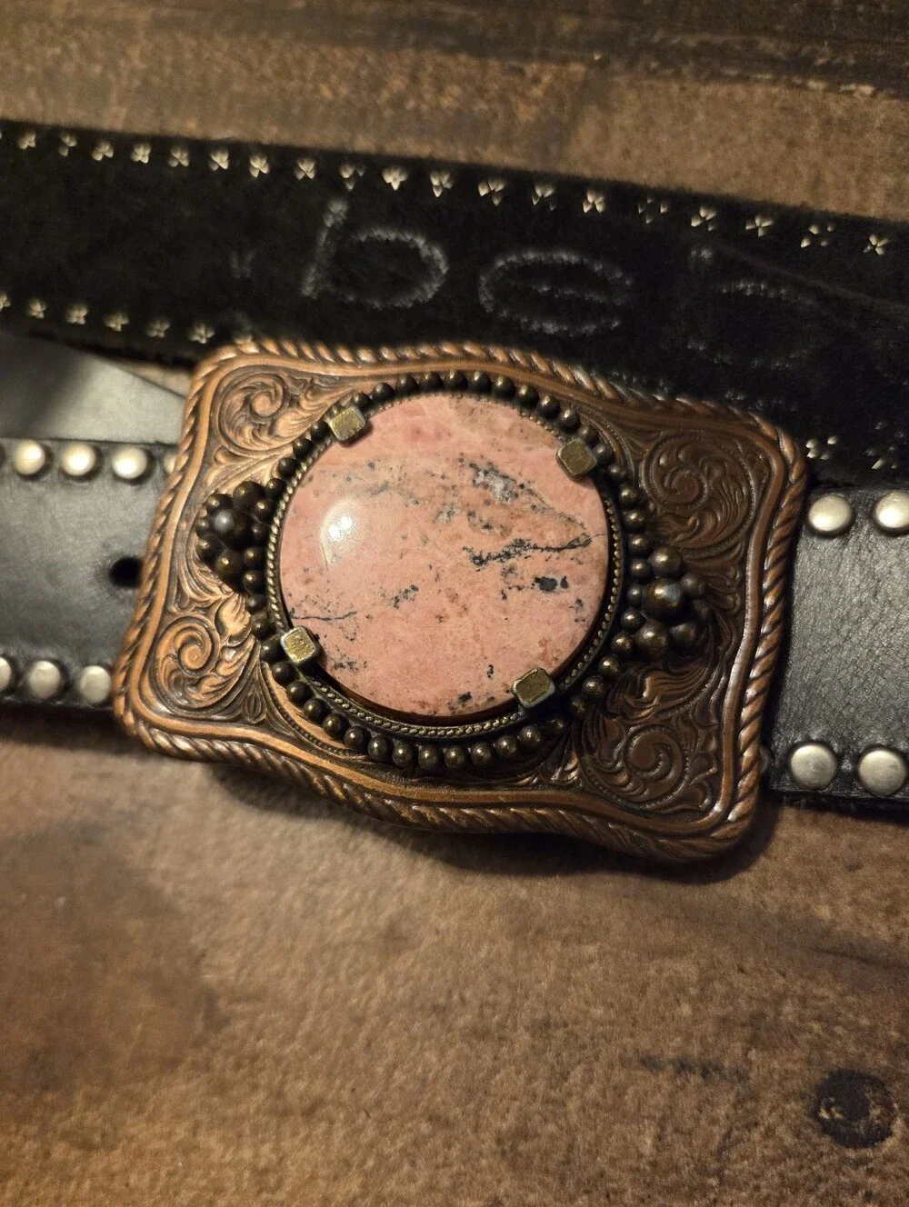 Vintage Y2K Genuine Leather Studded BEBE Belt Western Pink Rhodonite Buckle M/L